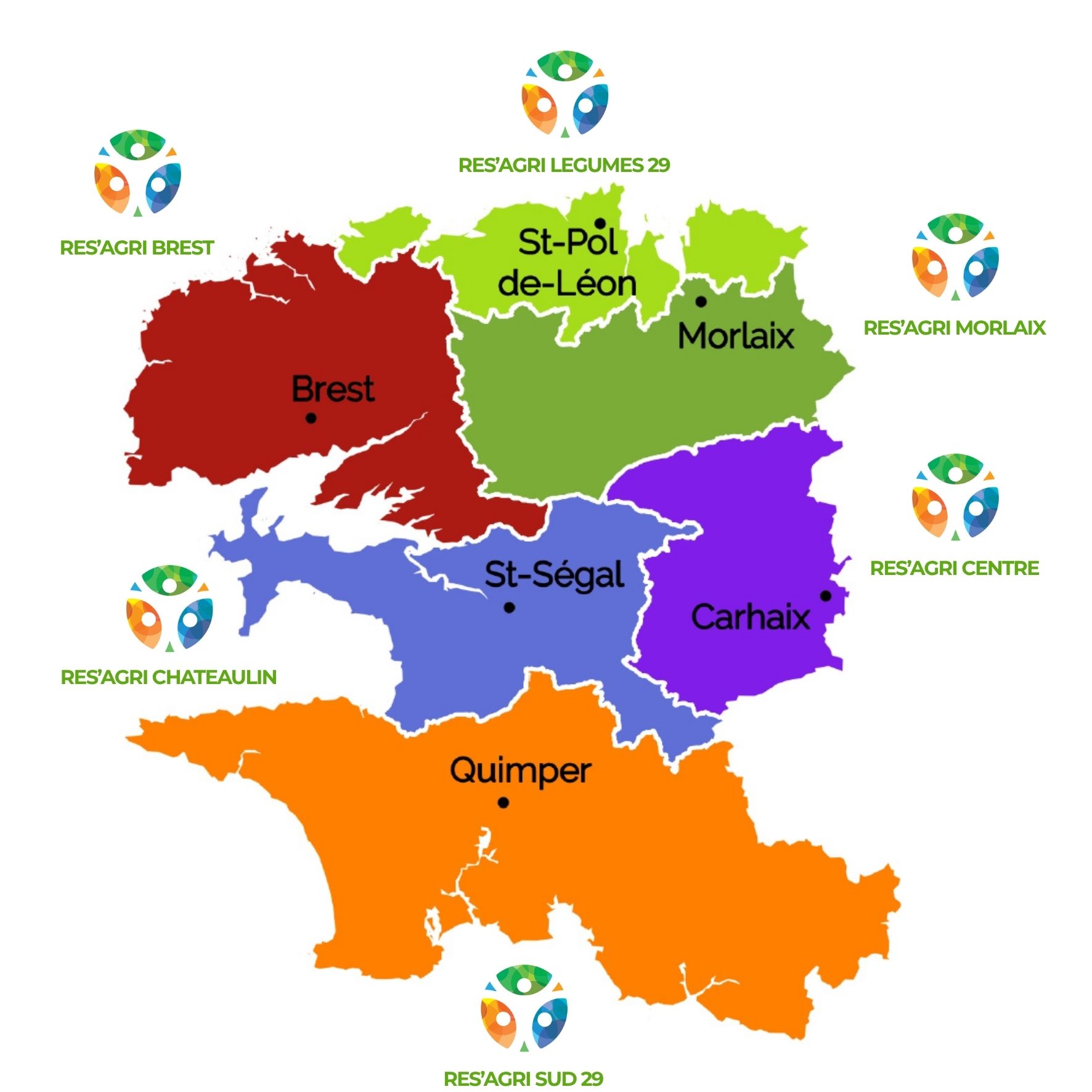 Carte des territoires des six associations locales Rés'agri